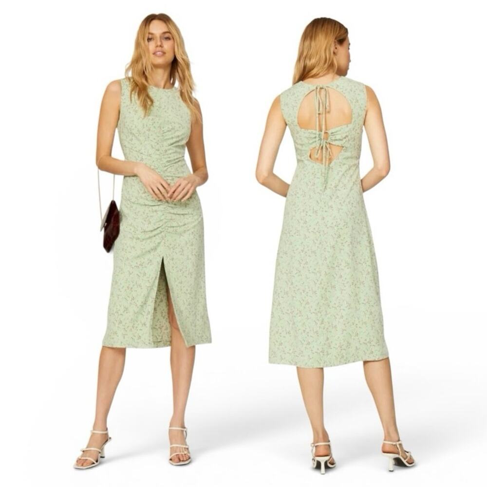 LOVE, WHIT BY WHITNEY PORT Midi Dress Green Floral Ruched size Large